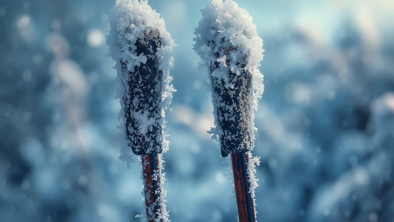 Lighting frost crystals on reed heads in frozen marsh, soft light revealing drifting ice particles