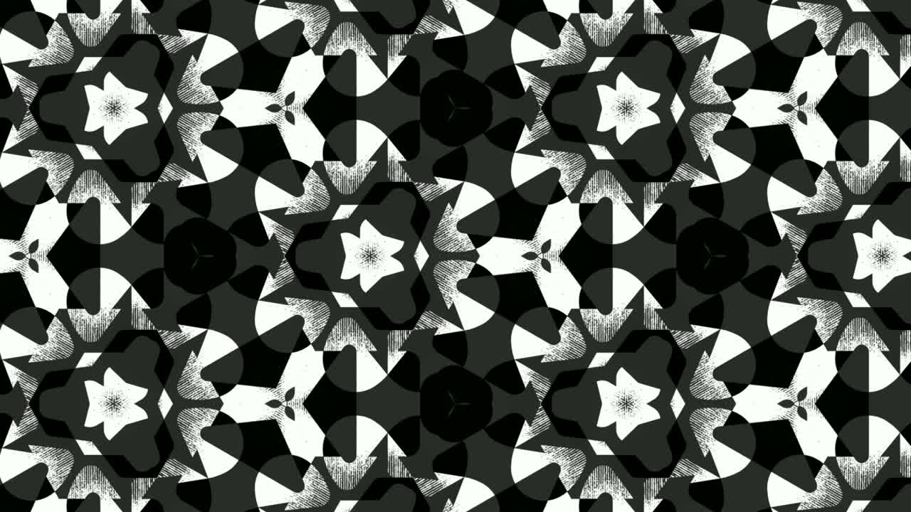 animación computarizada de motivos florales en blanco y negro que aparecen y se desvanecen en el fondo negro