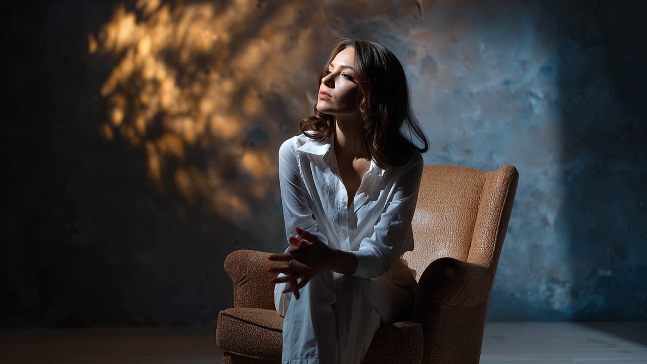 Jovem Mulher Sentada Pensativamente em Poltrona com Iluminação Dramática.