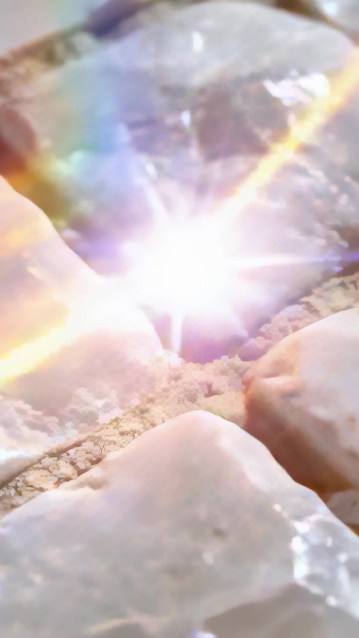 Video verticale: Luce puntiforme brillante che si accende e poi si affievolisce su cristalli nella sabbia, con un polpastrello vicino al bordo.