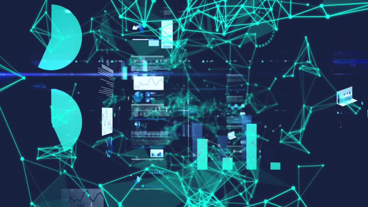 Animation of plexus networks over screens with data processing against blue background
