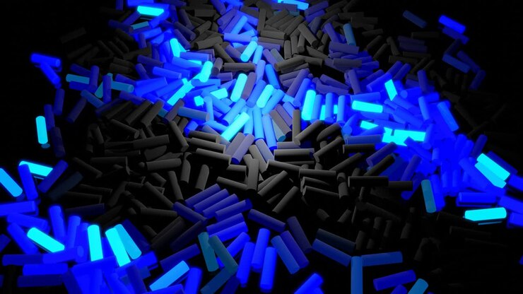 3d abstract looped background with lot of gray rectangles lay on plane and light up blue. Bulbs start to glow forming pattern like abstract chrismas garland. Waves runs across sticks