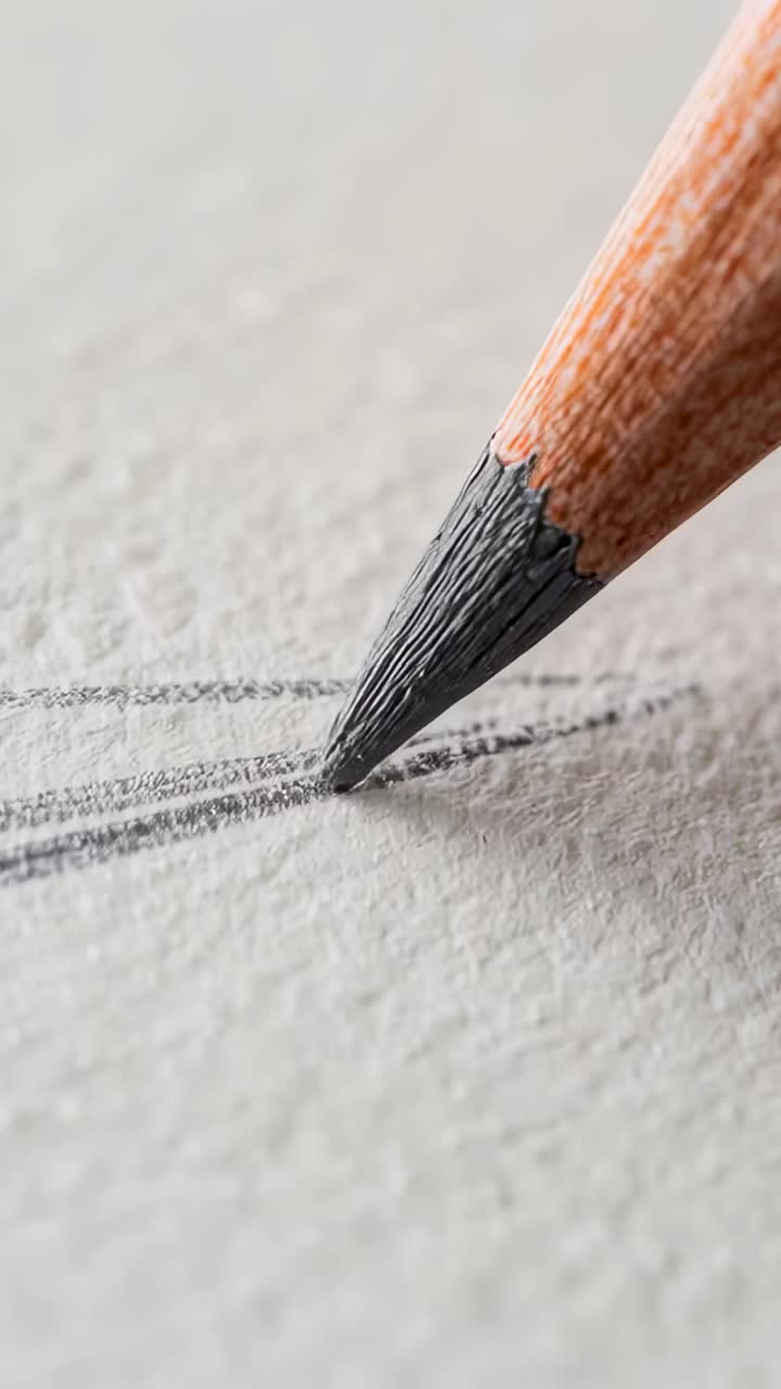 Vertical video: Touching graphite pencil tip drawing 3 strokes on toothy paper for art, copy space