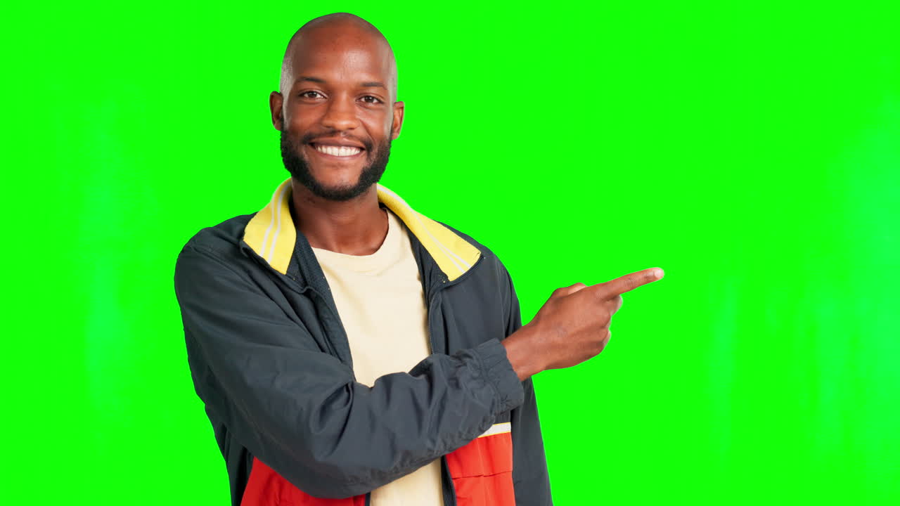 Green screen face, smile and black man pointing