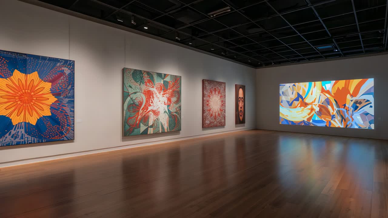 Starting camera panning revealing five artworks across museum gallery wall, with polished floor