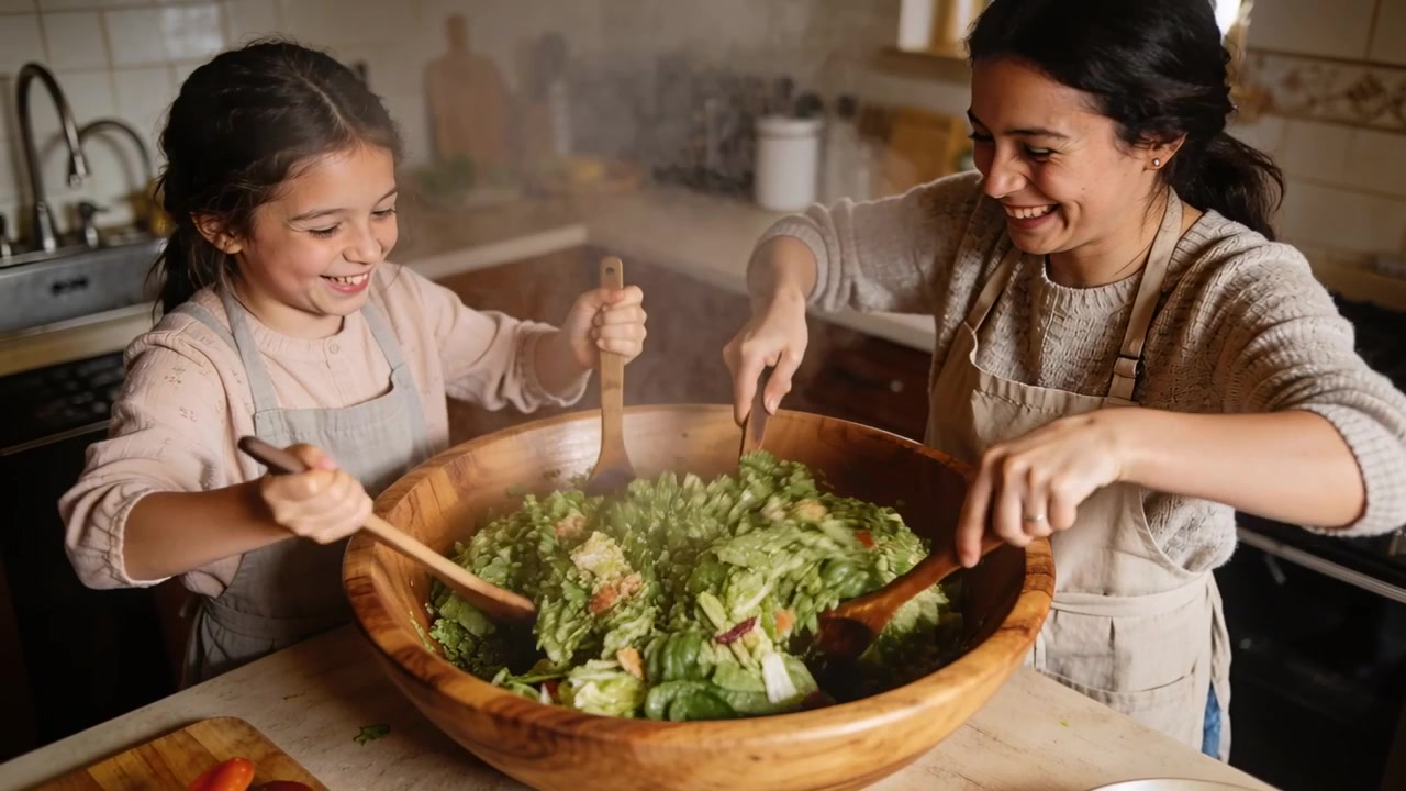 Mamma e figlia con i grembiuli al bancone, mentre sale il vapore, che preparano un'insalata in una ciotola di legno.