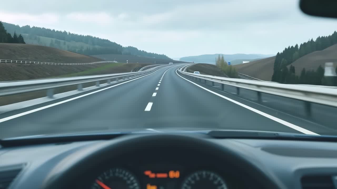 POV video from a car's dashboard, capturing a serene drive on an open highway