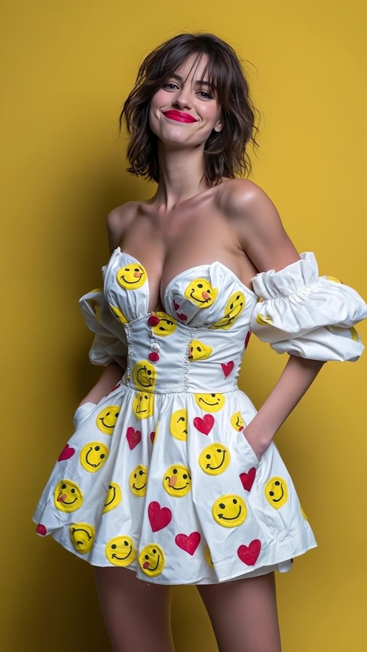 Giovane donna che indossa un vestito bianco con faccine sorridenti gialle e cuori rossi su uno sfondo giallo
