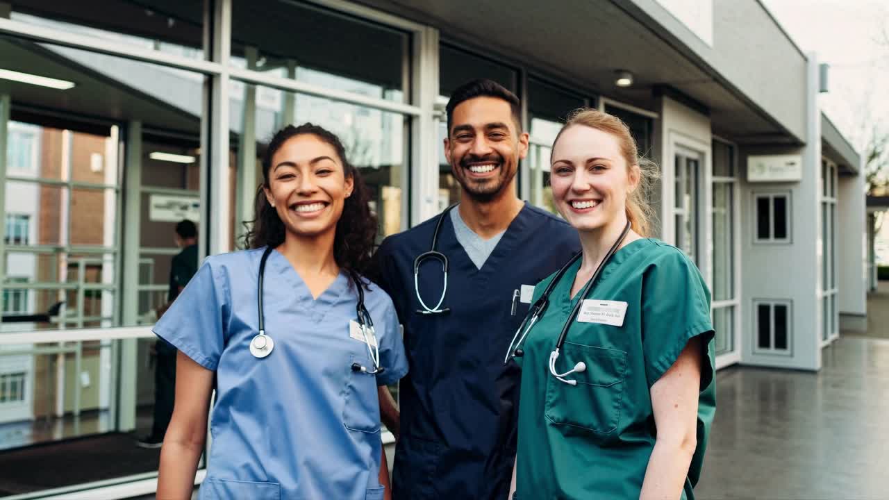 Gruppo di professionisti medici che sorridono fuori da un ospedale.
