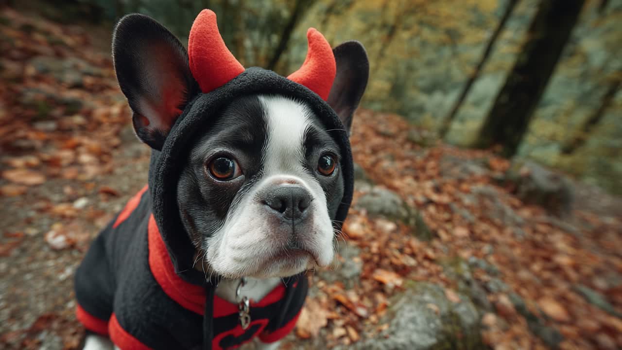 Adorable Dog in Devil Costume Captured in a Scenic Forest: A Unique Blend of Playfulness and Autumnal Beauty