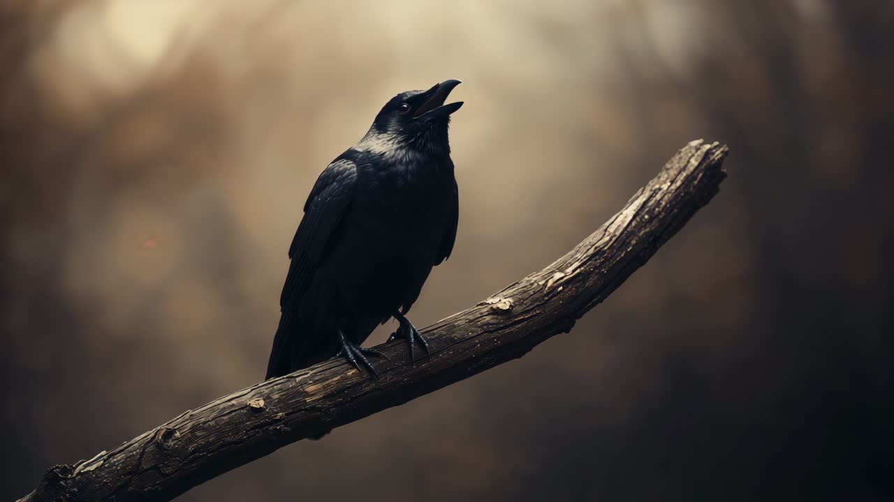Lifting head crow opening beak and cawing repeatedly in forest clearing, with gnarled branch perch