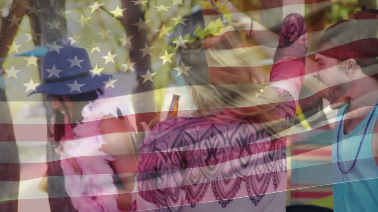Celebrating outdoors, people holding American flag overlay with animation elements