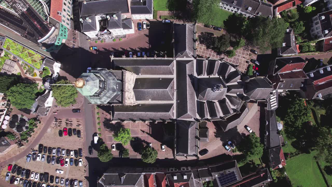 Central square of medieval town Zutphen, The Netherlands, seen from above with architectural detail of church, museum square and city hall. Aerial of picturesque Dutch city