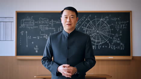 a man giving a lecture in front of a blackboard