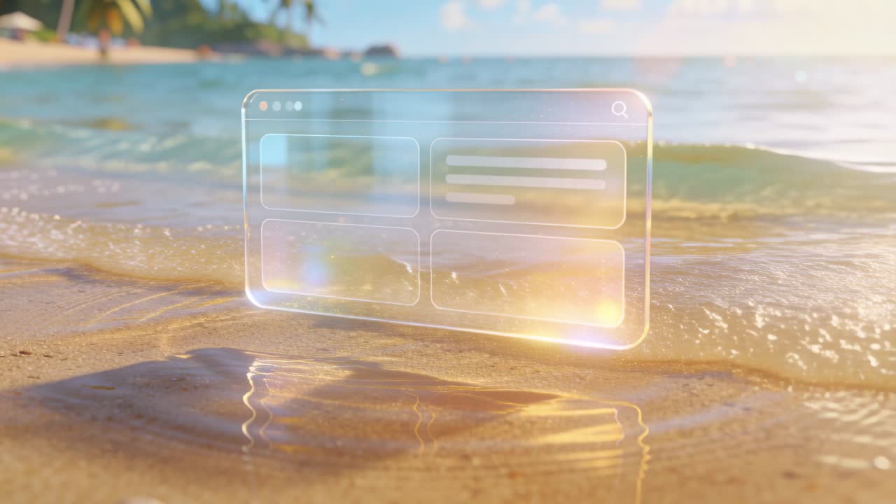 Floating translucent browser UI panel settling on wet sand, forming ripples and showing search bar