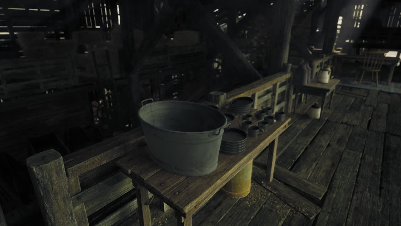 Rustic interior of an old barn with wooden furniture and tools