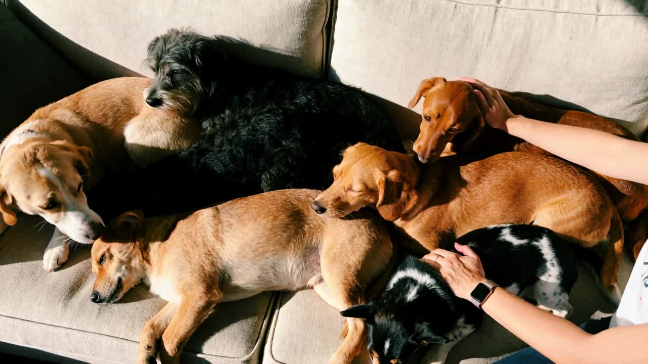 O dono, vestindo camisa branca e smartwatch, estende a mão para acariciar cinco cães com coleira, que estão no sofá em um raio de sol.