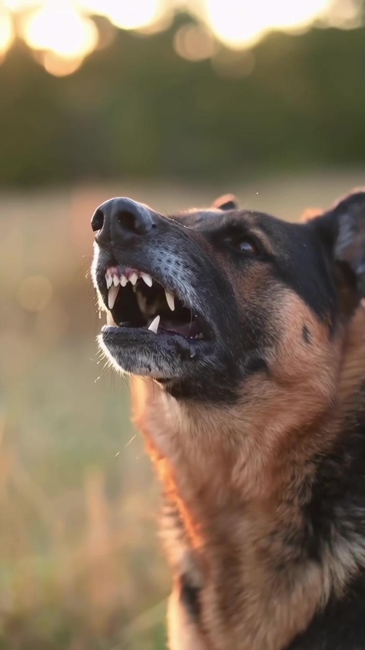 Close-up of an Aggressive German Shepherd Dog Barking and Snarling
