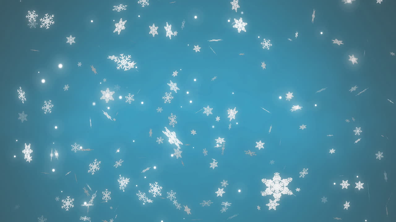 White christmas snowflakes and light particles moving across blue background