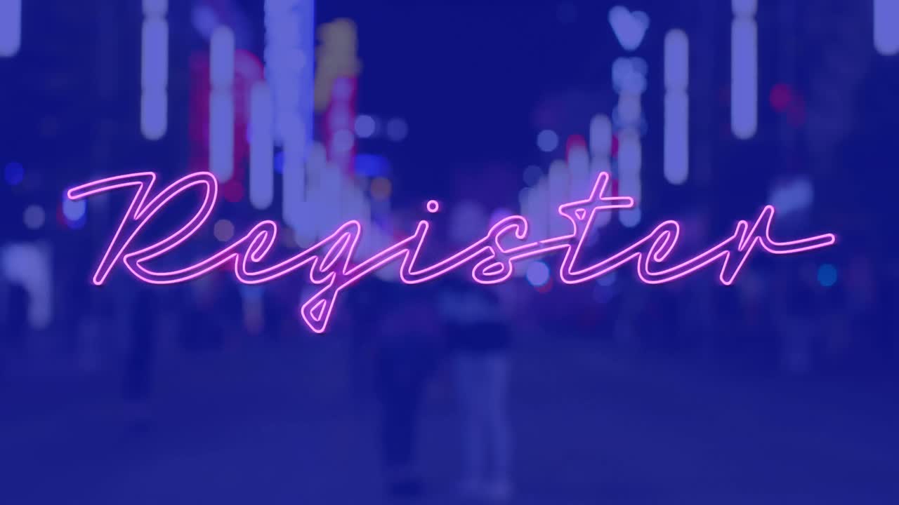 밤에 파란색 배경에 도시 풍경 위의 레지스터 텍스트의 애니메이션