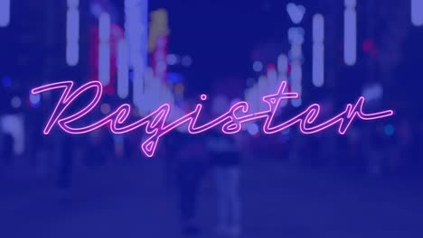 animation of register text over cityscape at night on blue background