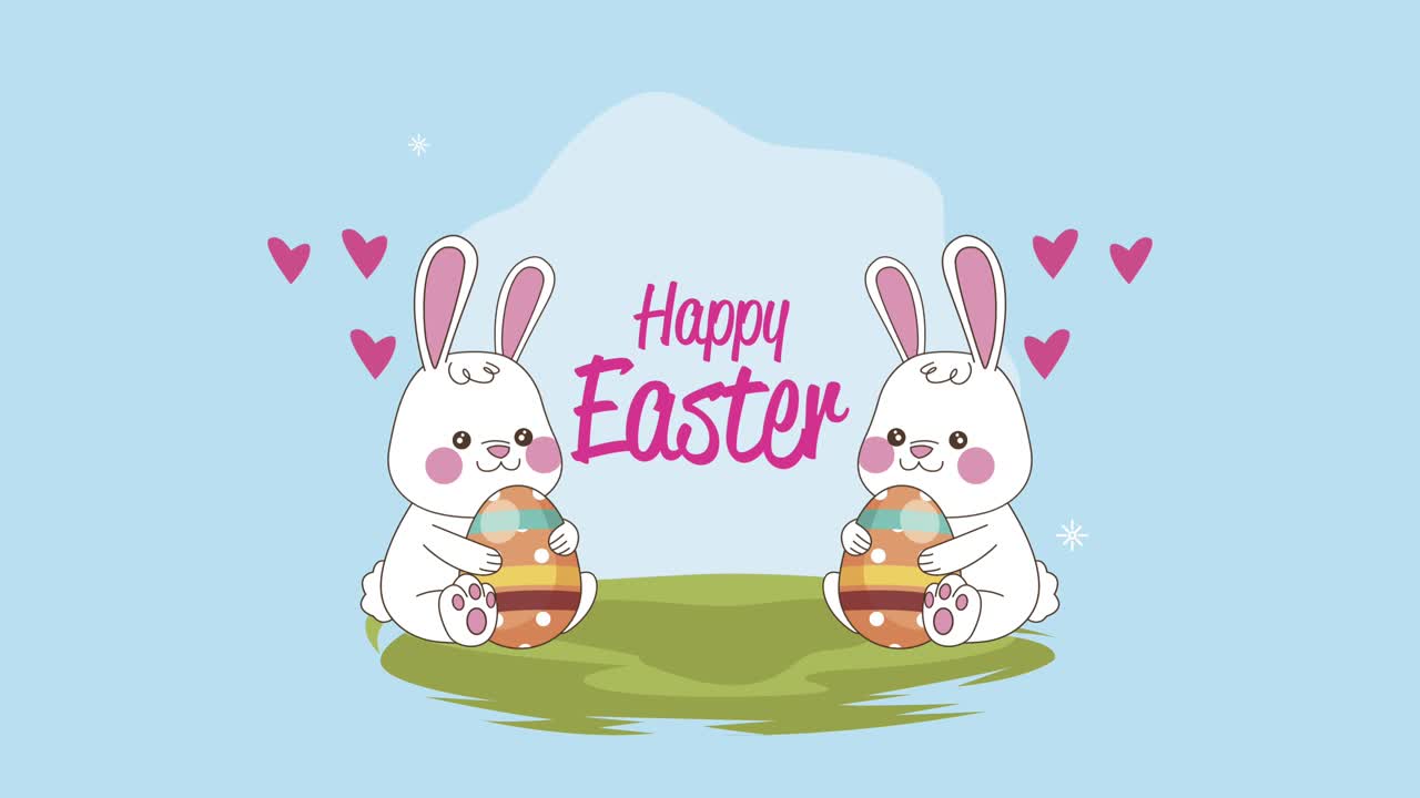 happy easter lettering celebration with rabbits and eggs