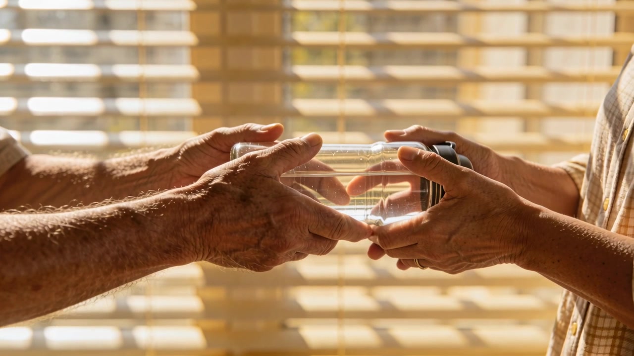 Reaching senior man and plaid-shirt woman gently handing jar with black lid by blinds for transfer