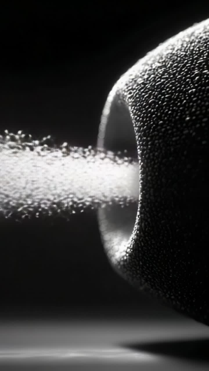 Close-up View of a Textured Object Emitting a Stream of Particles, Highlighting Light Reflection and Intricate Surface Detail in Black and White Imagery