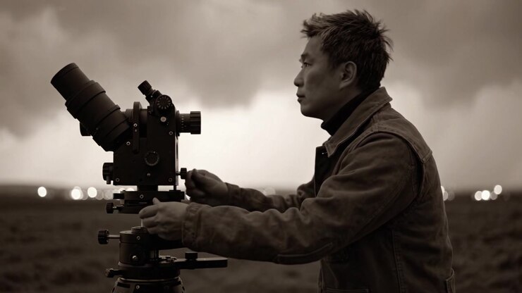 Focused Photographer Adjusting Camera Through Telescope While Capturing Dramatic Sky with Clouds and Lights in the Background at Dusk