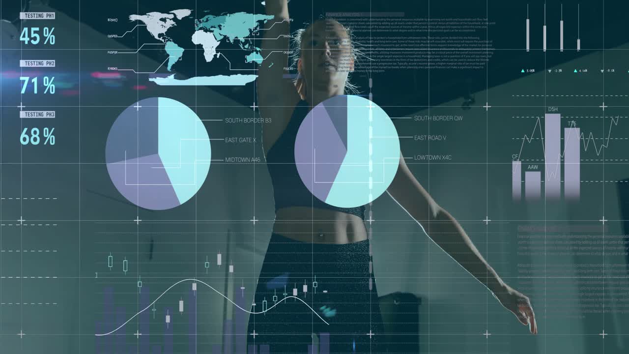 Woman lifting kettlebell in fitness studio and activating performance gauges and charts
