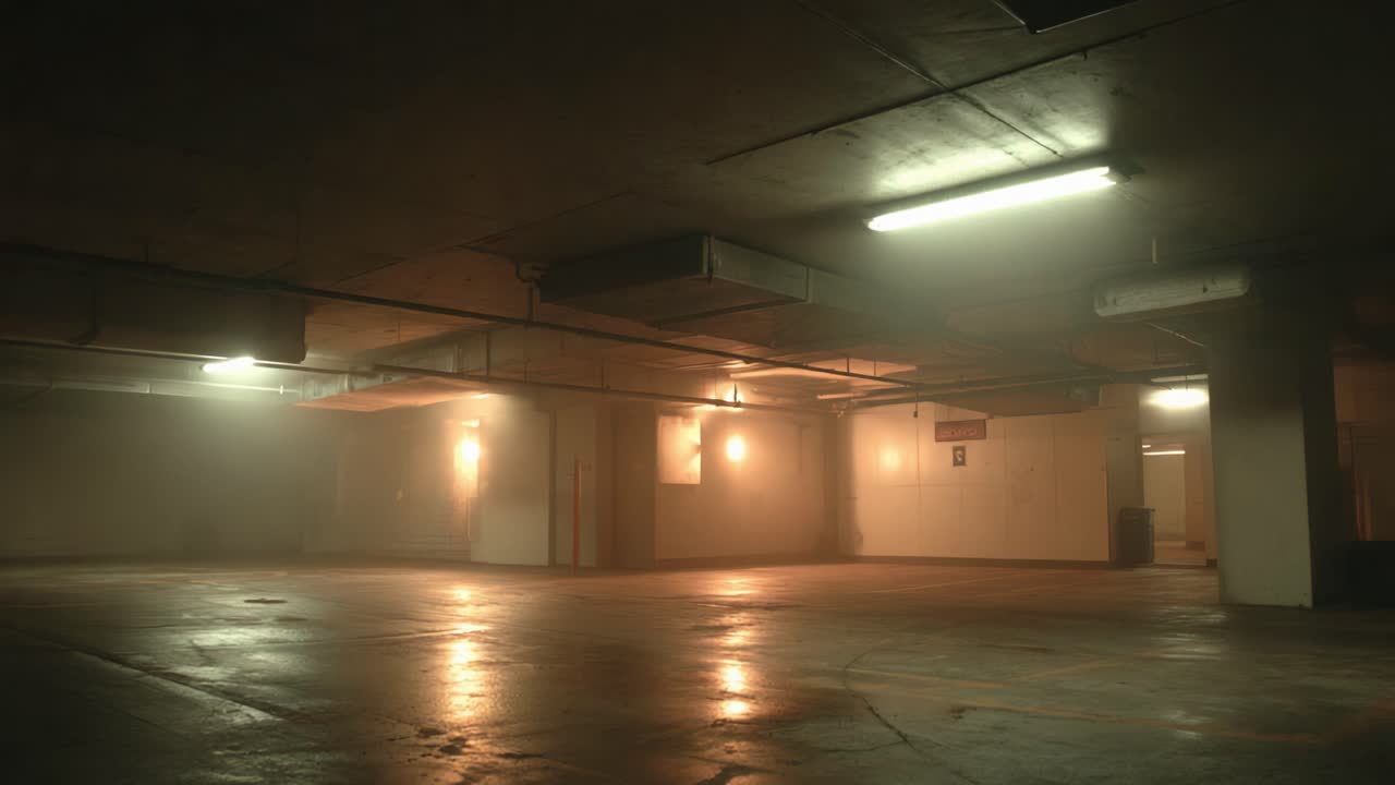 An Eerie Abandoned Parking Garage: A Hauntingly Quiet Scene with Soft Lighting and Lingering Mist Creating an Atmosphere of Mystery and Isolation