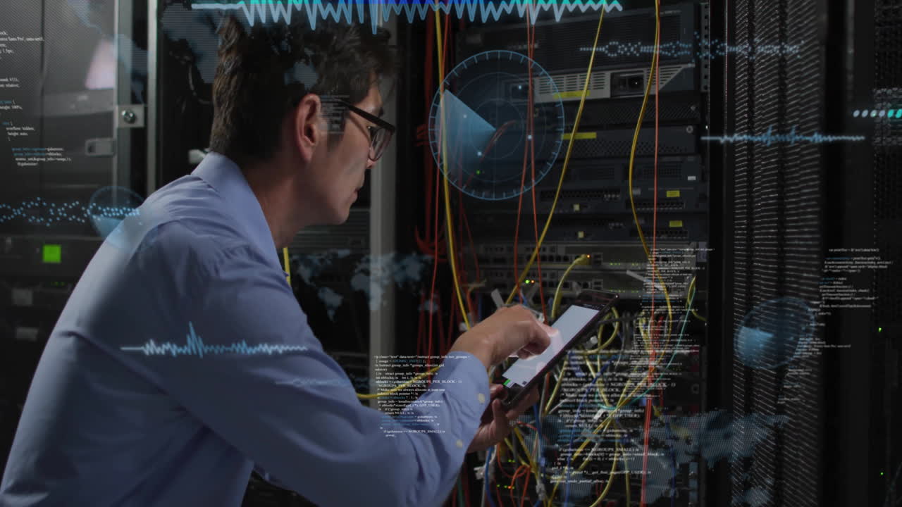 Analyzing data on tablet, technician in server room with animation interface