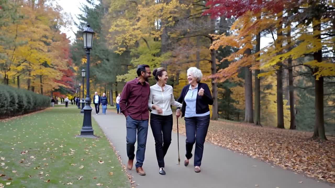 Three people walking on a path in a park