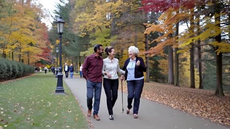 three people walking on a path in a park