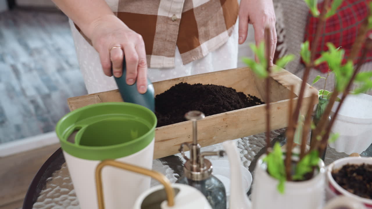Gardener uses scoop to gently mix moist dark loam soil inside wooden planter bucket on glass table among potted plants and ceramic containers in bright indoor greenhouse style workspace