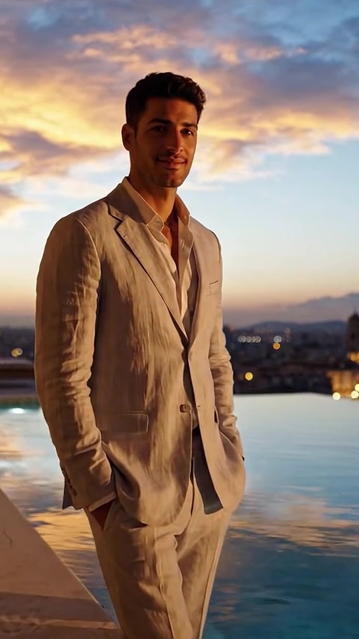 Individuo elegantemente vestido posa frente a una vista impresionante del atardecer, irradiando confianza y elegancia con un aire de sofisticación y calma bajo la luz vespertina.