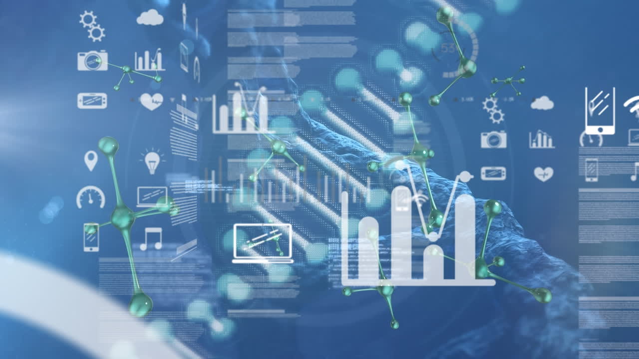 Animación de procesamiento de datos sobre una cadena de ADN
