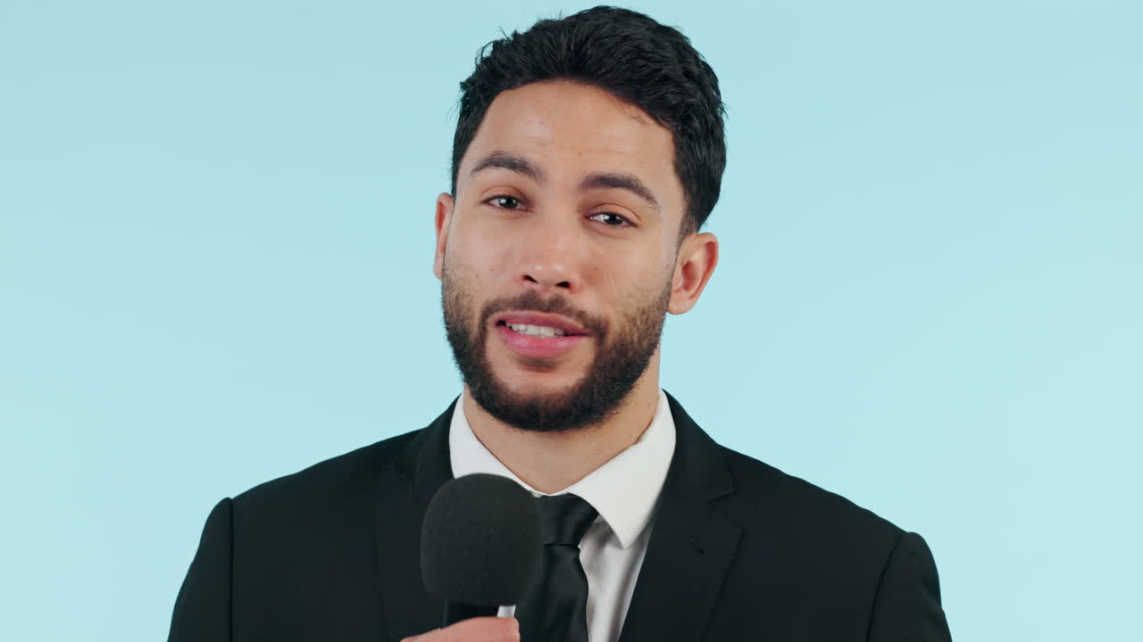 Man, news and reporter speaking on microphone