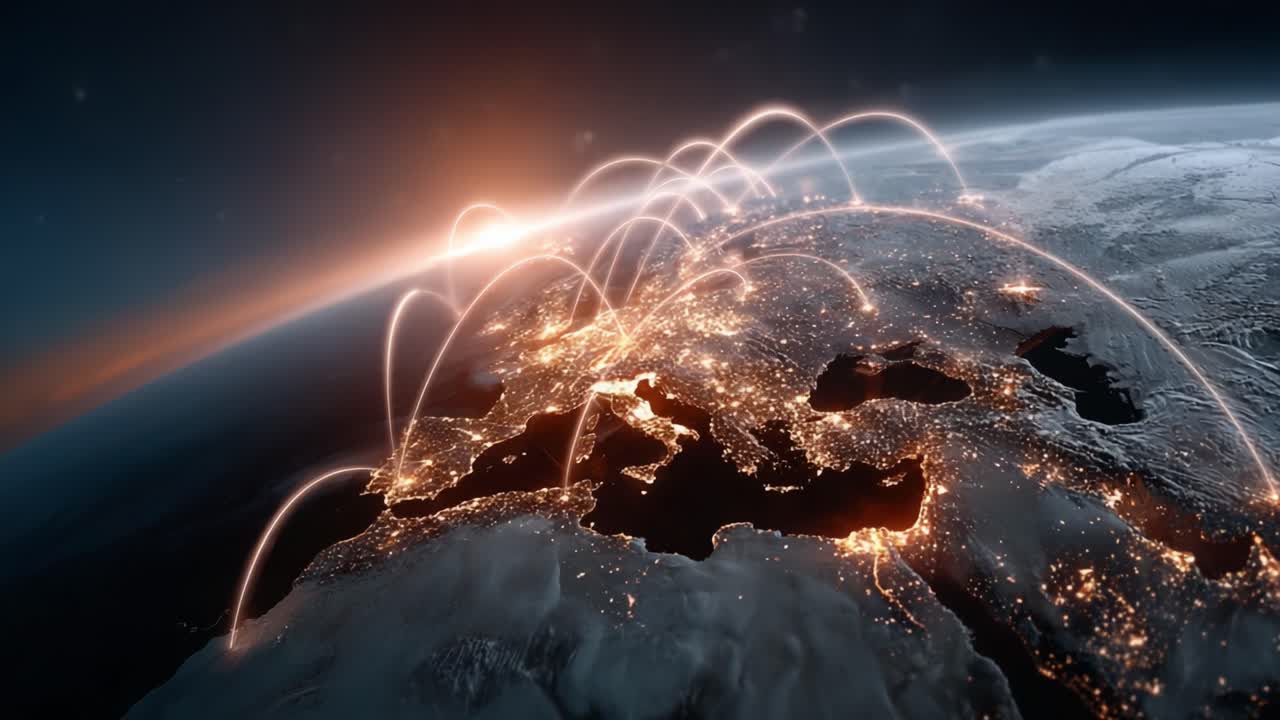 A Stunning Visualization of Global Connectivity: Illuminated Lines of Communication Over Europe, Showcasing the Dynamic Interconnectivity of Nations from Space