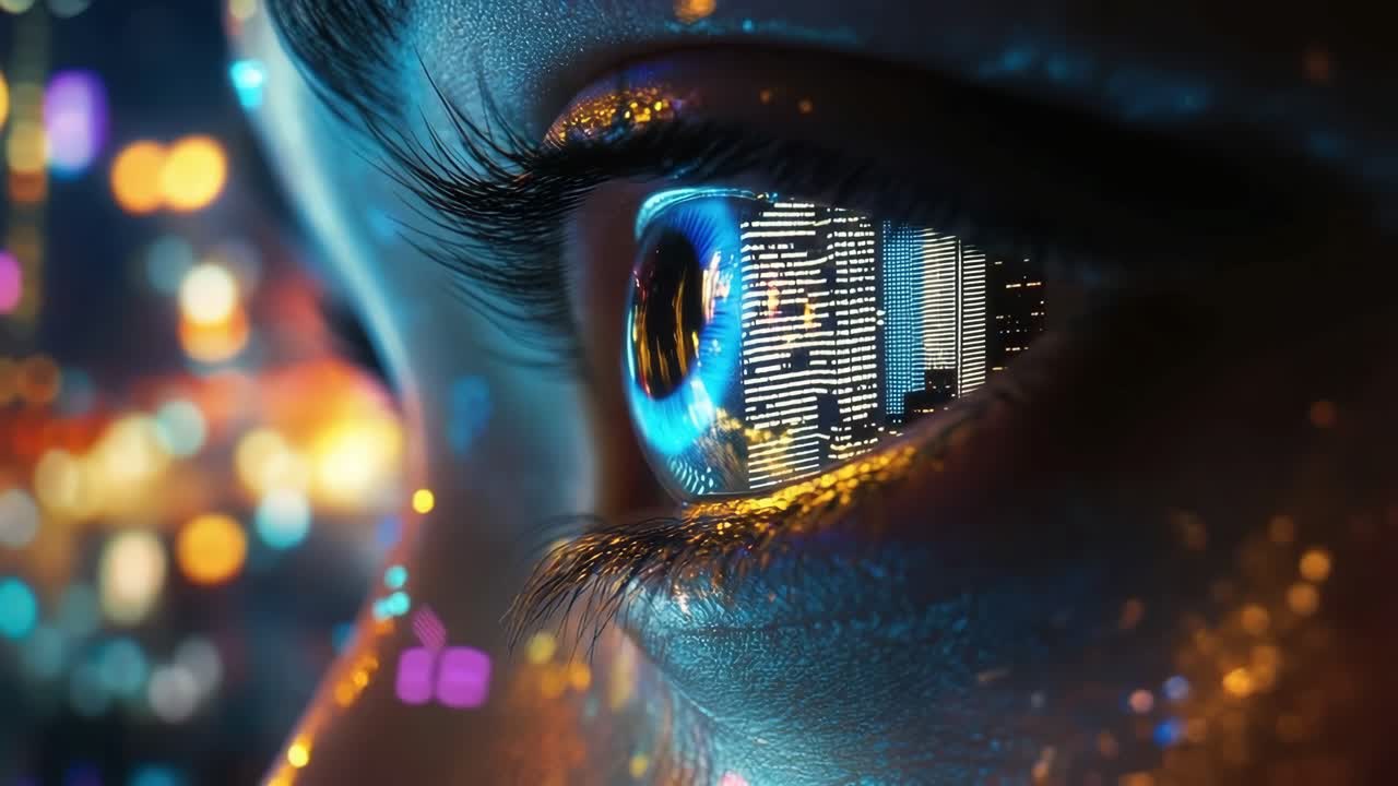Close-up angle of a human eye reflecting digital data, evoking a futuristic and technological video