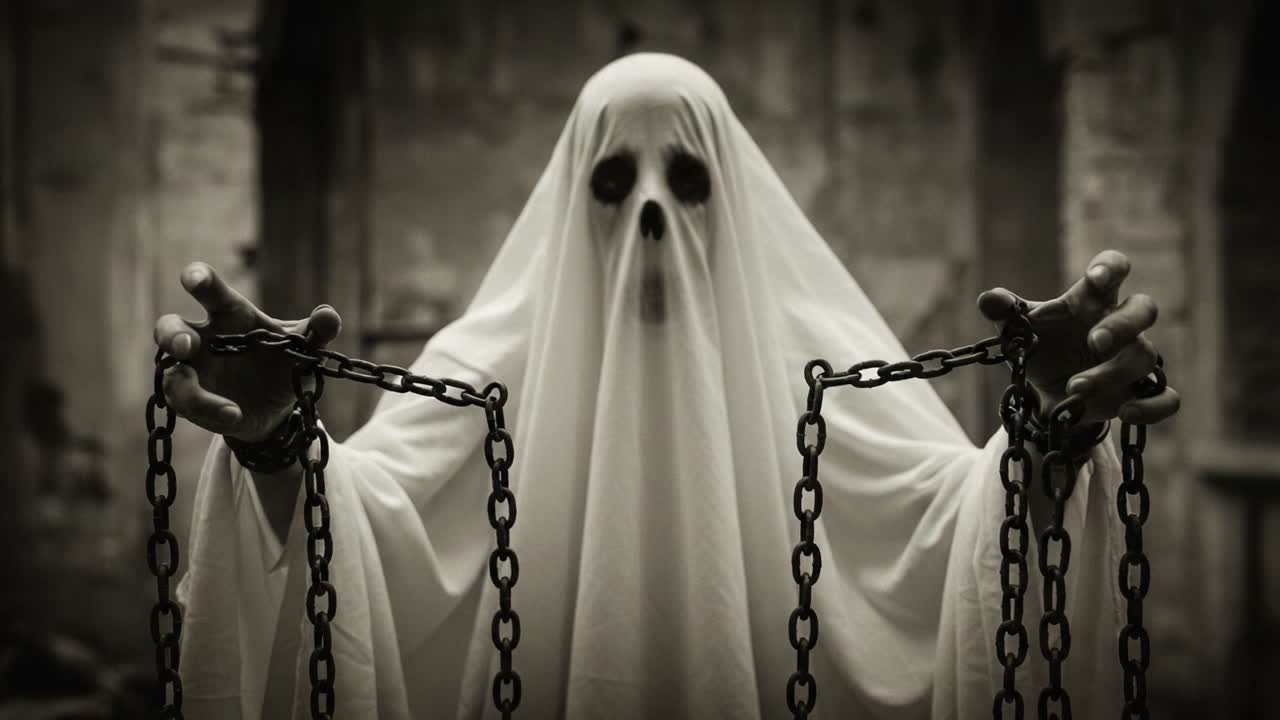 A haunting figure shrouded in a tattered white sheet emerges from darkness, grasping rusty chains with skeletal hands, evoking a chilling atmosphere of ghostly presence