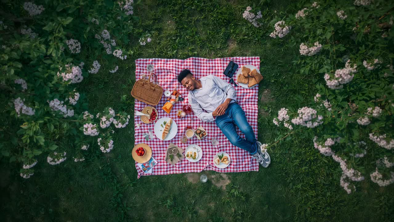 Uomo sdraiato che si riposa su una coperta a quadri in un prato, drone che si allontana rivelando un picnic