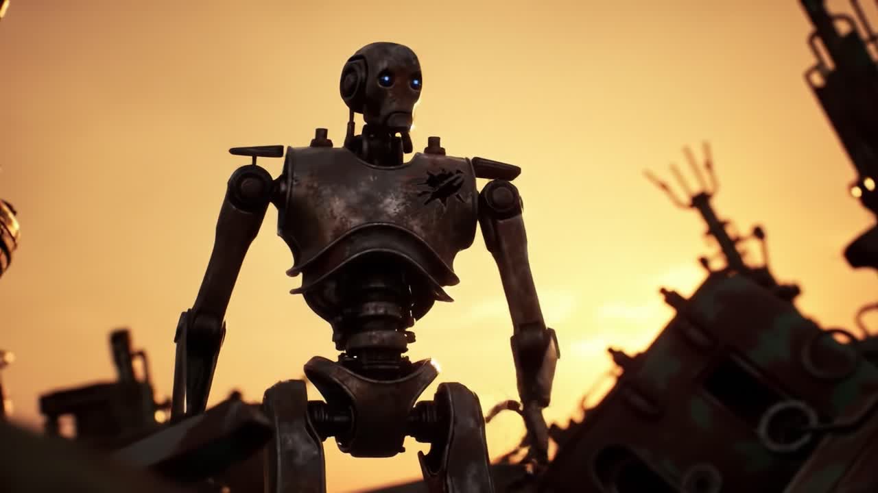 A Surreal Sunset Encounter with a Futuristic Robot Surrounded by Abandoned Machinery, Embodying the Intersection of Technology and Desolation