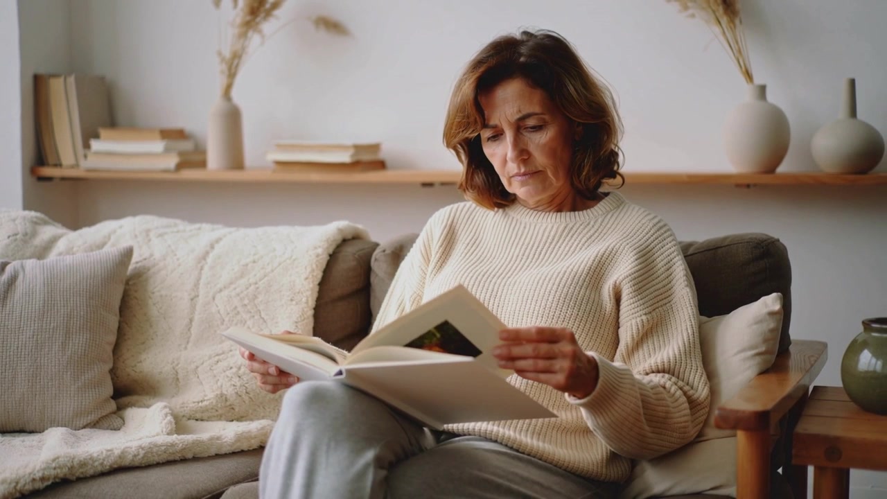 Looking down, woman in cream sweater turning hardcover book pages on sofa at home to read