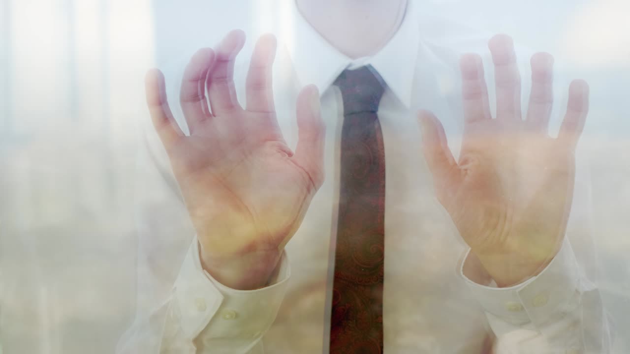 창문에 손가락을 는 사업가