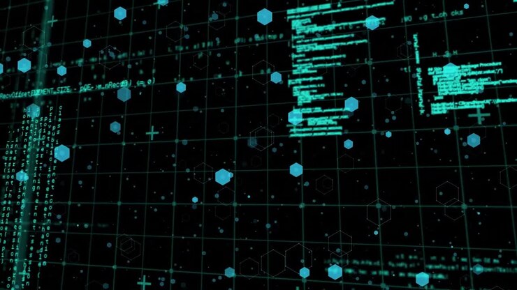 Animation of medical icons and data processing on black background
