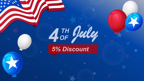 Saludos-Del-4-De-Julio-Por-Un-5%-De-Descuento-En-Una-Tienda-Con-Bandera-Americana,-Fuegos-Artificiales-Y-Globos