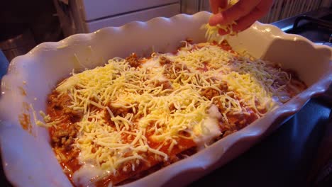 queso fresco espolvoreado sobre plato de lasaña