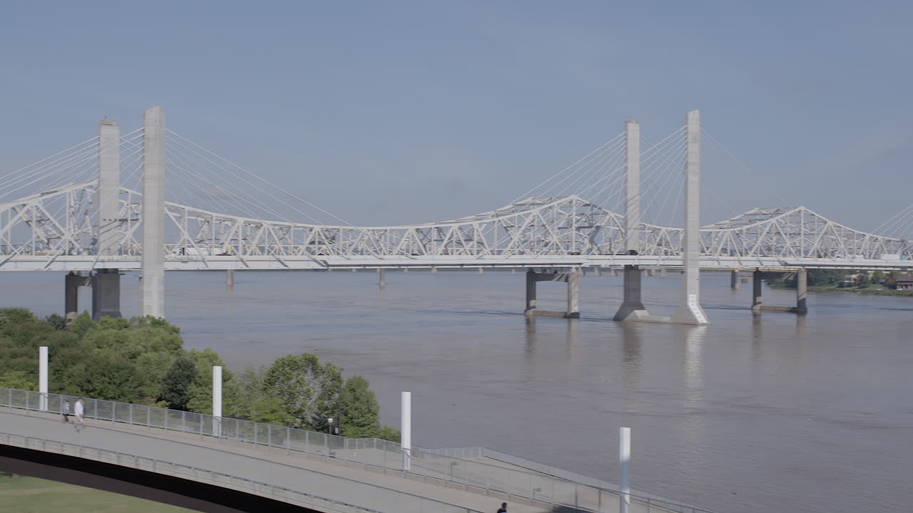 켄터키주 루이빌에 있는 오하이오 강을 가로지르는 두 번째 거리 교량의 탁 트인 전경과 시내 스카이라인을 배경으로 보행자 다리가 있는 켄터키주