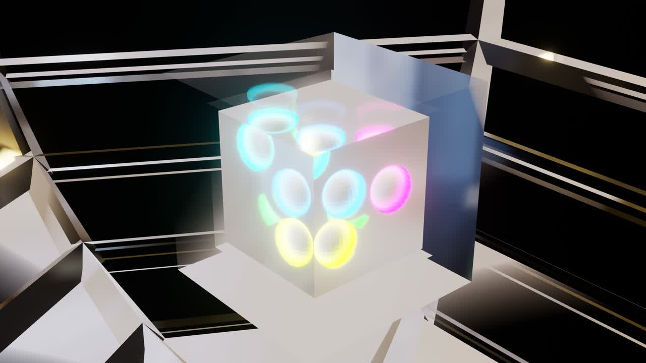 cubo de vidrio abstracto con bolas de colores